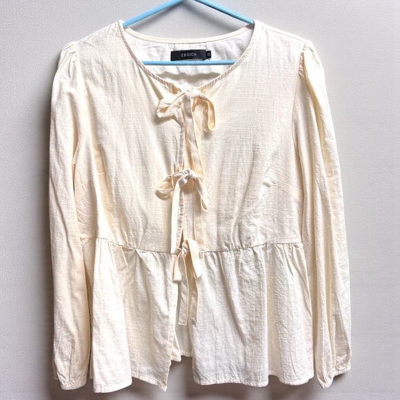 Cream Dream: ZESICA Tie-Front Babydoll Long-Sleeve Top - Medium Marvel! 🌟 NWOT - Picture 2 of 12
